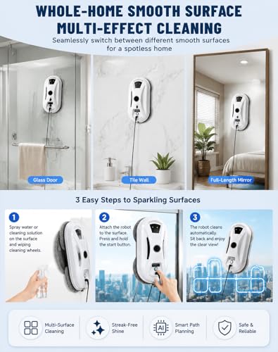 Automatic Window Cleaning Robot, Robot Window Cleaner with AI Intelligent Positioning & Edge Detection & Powerful Suction, Anti-Drop Safety for High-Rise Glass & Large Bay Windows