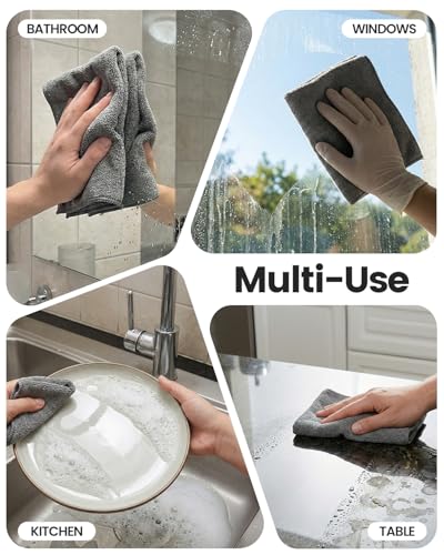 POPCHOSE Microfiber Towels 12 Pack for Cars, Super Absorbent Cleaning Cloths, Lint Free Streak Free Towels for Car Detailing, Household, Kitchen, Glass & Tools, Grey