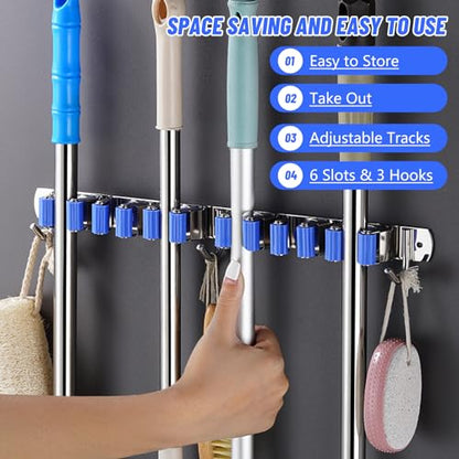 Tefola Broom Holder, Wall Mounted Organizer, Broom Mop Holder Tidy Organizer, Mop and Broom Holder Self Adhesive, Stainless Steel Broom Holder Wall Mounted for Brush Mop and Broom Tool Storage