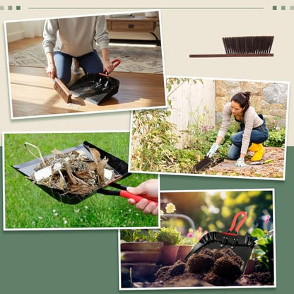 Pasimy 2 Pack 17" Metal Dust Pan and Brush Set, Large Heavy Duty Handheld Industrial Dustpan with Handle Debris Sweeping Tool Metal Edge Flat Against Floor for Outdoor Patio Yard Garage (Black) - color: Black