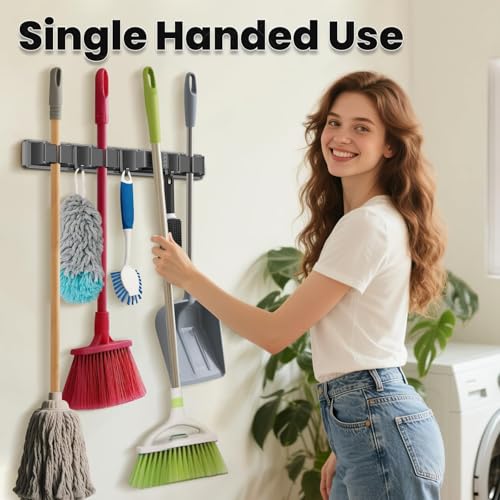 YIZE By YIZHE 15.7 Inch Adhesive Wall Mounted Mop and Broom Holder, 3 Clips & 4 Hooks, Space Aluminum Heavy Duty Garage Organizer for Long Handle Tools, Stick Vacuum, Shovel, Squeegee