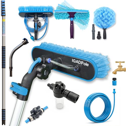 IGADPole 28 FT Water-Fed Washing Kit with Soap-Dispenser, Brush, 10″ Squeegee & Cobweb Duster for Windows, Gutters, Solar Panels & Exterior Walls - size: 28 FT Pole