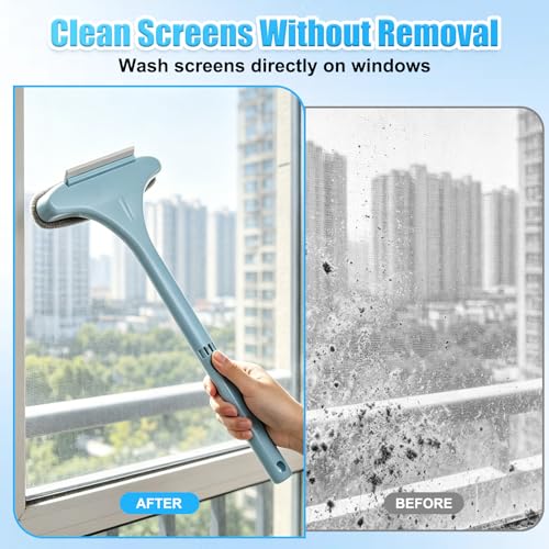 Window Screen Cleaning Brush,2-in-1 Multi-Purpose Cleaning Brush Efficient Cleaning,Window Screen Cleaner Tool with Squeegee,Mesh Cleaner Brush for Patio,Door,Porch Screens(Yellow Green) - color: Yellow Green