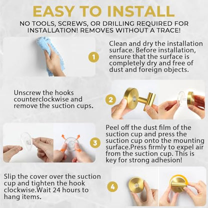 Suction Cup Hooks for Shower Heavy Duty, Shower Hooks No Drill, Shower Hooks for Inside Shower Stainless Steel, Suction Hooks for Window, Glass, Tile, Wall, Loofah, Bath Robe, Wreath, Gold 4 Pack - color: Gold