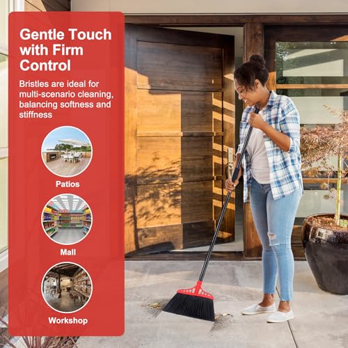Tiumso Heavy Duty Angle Broom - 55" Adjustable Iron Handle with Stiff Bristles - Commercial-Grade Indoor/Outdoor Broom for Garage, Patio, Kitchen, Sidewalk & Concrete Cleaning (Black & Red) - color: Black and Red