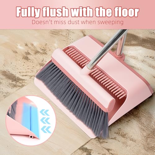 Broom and Dustpan Set, Heavy Duty Stand Up Dust Pan and Broom with 47'' Long Handle, Broom with Dustpan Combo Set for Home Floor Room Kitchen Office Lobby Indoor Outdoor Sweeping Broom Cleaning