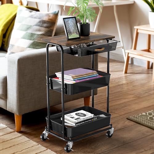 Simple Houseware 3-Tier Rolling Utility Cart with Drawer & Wood Tabletop - Mobile Sofa Side Table, Nightstand, Slim Storage Organizer Trolley for Bedroom, Bathroom, Office & Art Supplies, Rustic Brown - color: Rustic Brown
