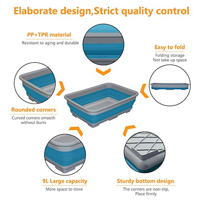 Goderewild Collapsible Dish Pans – 10L (2.6 Gal) Foldable Sink Tub, 14.5'' x 10.5'' x 5", Compact and Space-Saving Multiuse Foldable Basin for Dish Washing, Camping, RV and Vegetable Cleaning - color: Blue
