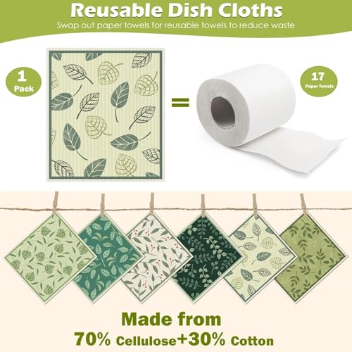 6 Packs Swedish Paper Cloths for Kitchen, Reusable Paper Towels Washable Dish Rags, Highly Absorbent Kitchen Towels Quick Drying Swedish Sponge Cleaning Dish Cloths (Plant Leaves) - color: Plant Leaves