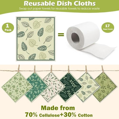 6 Packs Swedish Paper Cloths for Kitchen, Reusable Paper Towels Washable Dish Rags, Highly Absorbent Kitchen Towels Quick Drying Swedish Sponge Cleaning Dish Cloths (Plant Leaves) - color: Plant Leaves
