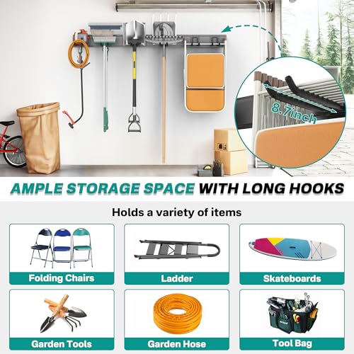 EVERHANGER Garage Tool Storage Organizer, Wall Mount Garden Tool Rack Organization, Heavy Duty Folding Chair Hangers with 12 Adjustable Hooks, Max Load 900lb, 96inch - size: 12Hooks
