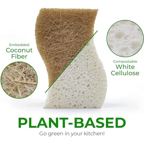 AIRNEX Natural Kitchen Sponges (24 Pack) - Biodegradable Cellulose & Coconut Scrubber Dish Sponges for Kitchen - Eco-Friendly, Non Scratch, Compostable, Non Toxic S-Shaped Natural Sponges for Dishes - size: 24