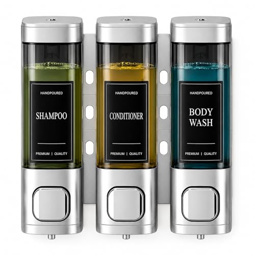 Shampoo and Conditioner Dispenser, Shower Soap Dispenser Wall Mounted, Shower Dispenser 3 Chamber No Drill for Bathroom Large Capacity (Silver) - color: Sliver