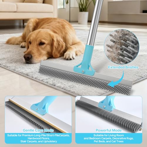 3PCS Carpet Rake for Pet Hair Removal, 54” Adjustable Long Handle, Dual-Sided Metal & Silicone Head,Reusable Pet Hair Remover Scraper Rake Carpet,Dog Hair Broom for Rugs,Mats,Couch and Furniture.