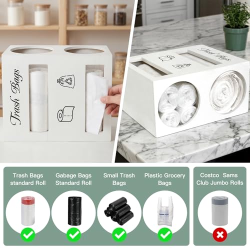 2 in 1 Trash Bag Dispenser, Double Wall Mounted,Wood Trash Bag Holder, used in kitchen, garage, laundry room, can store Environmentally friendly food bags and garbage bags (White/Large) - color: White/Large
