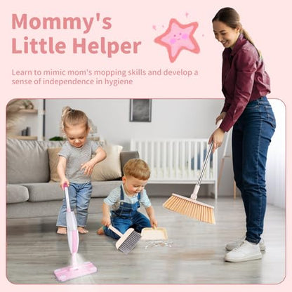 Kids Spray Mop,Toddler Mop Cleaning Set, Real Working Mini Mop & Kids Broom Dustpan Set, Housekeeping Pretend Play Toy, Montessori Kid Cleaning Toy Set Includes Organizer Clip -Pink - size: Mop & Broom Set, style: Pink