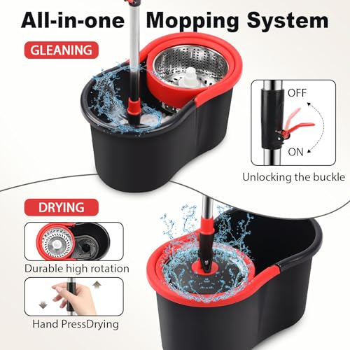 Spin Mop and Bucket, Mop and Bucket with Wringer Set for Home, 360 Spinning Mop Bucket Floor Cleaning Tool with 1 Microfiber Mop Replacement Head,50" Stainless Steel Handle (Black-Includes 1 mop) - color: Black-includes 1 Mop