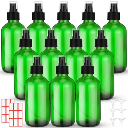 Norme 12 Pcs 8 oz Glass Spray Bottles with Funnels and Labels Refillable Cosmetic Empty Spray Bottles with Sprayer Containers for Essential Oil Cleaning Solutions (Green,Stylish) - color: Green, style: Stylish
