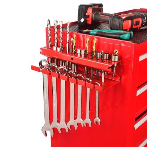 MUTUACTOR Magnetic Wrench Holder Heavy Duty,Anti-slip Magnetic Mount Drill Bits Holders,2 Layers Magnet Drill Bit Wrench Rack for Work Bench Toolbox Tool Cart,1PCS,Red,26 Holes and 7 Slots - style: Red Drill Bits Wrench Holder