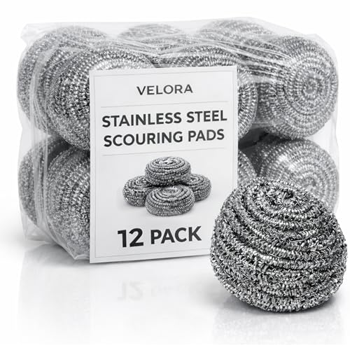 VELORA Stainless Steel Cleaner Scouring Pads [12 Pack] - Industrial & Commercial Strength Large Cleaning Supplies Dish Sponge - Individually Wrapped 30 Gram