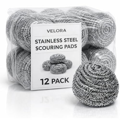 VELORA Stainless Steel Cleaner Scouring Pads [12 Pack] - Industrial & Commercial Strength Large Cleaning Supplies Dish Sponge - Individually Wrapped 30 Gram