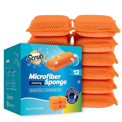 SCRUBIT Reusable Sponges for Dishes - 12 Pack Microfiber Sponges Kitchen Dish Scrubber, Machine Washable & Non-Scratch Scrubbers (Orange) - color: Orange