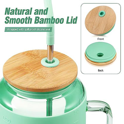 WINSA 50 oz Glass Water Bottles with Silicone Sleeve,Glass Tumbler with Lid and Straw,Iced Coffee Cup with Handle,BPA Free-Green - color: Green