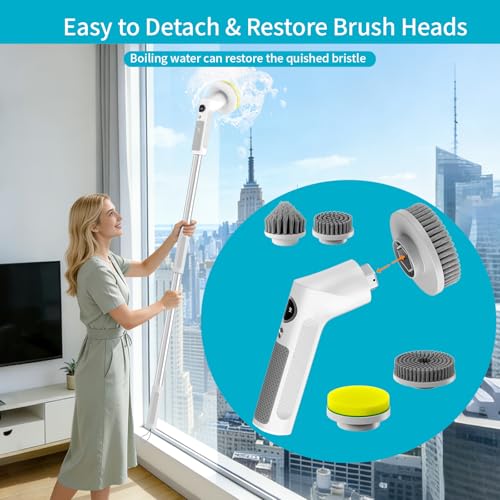 Electric Spin Scrubber, Cordless 20W High-Torque Cleaning Brush Bathroom Scrubber, IPX7 Waterproof Electric Scrubber with 6 Brush Heads, Extendable Long Handle Power Scrubber for Bathtub Floor