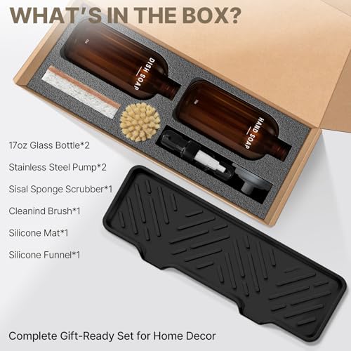 Kitchen Soap Dispenser Set - Dish Soap Dispenser for Kitchen with Self Drain Tray, 17oz Glass Bottle, Stainless Steel Pump, Sponge, and Dish Brush- Amber - color: Amber Bottle + Black Pump