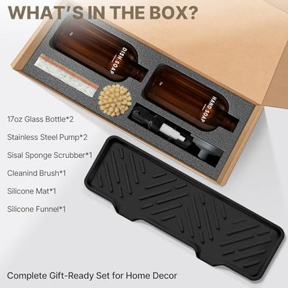 Kitchen Soap Dispenser Set - Dish Soap Dispenser for Kitchen with Self Drain Tray, 17oz Glass Bottle, Stainless Steel Pump, Sponge, and Dish Brush- Amber - color: Amber Bottle + Black Pump