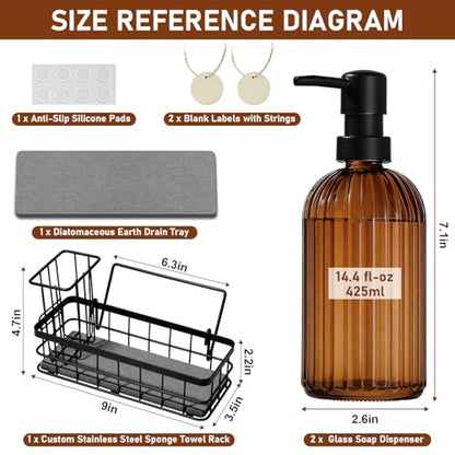 Kitchen Soap Dispenser Set, 14.4 oz/425 ml Hand and Dish Soap Dispenser Set, Dish Soap Dispenser with Sponge Holder & Diatomite Tray, for Countertop Organizer, Amber - color: Amber