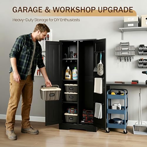 NORTHSKY Wooden Storage Cabinet, Broom Closet & Vacuum Cleaner Storage Compatible with Dyson Vacuum, Utility Cabinet for Brooms and Mops, Cleaning Tool Cabinet w/Doors for Garage, Office, Home (Black)