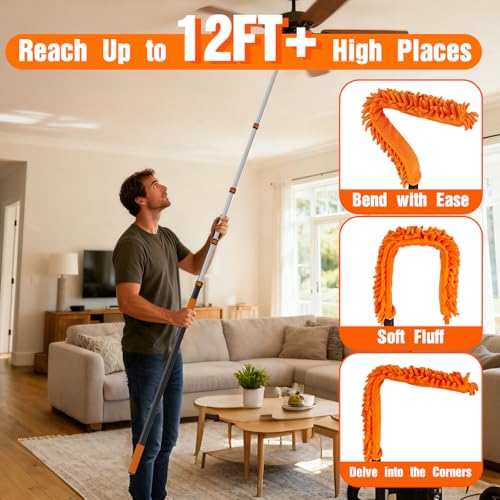 SISIUPASSIE 20FT Reach Ceiling Fan Cleaner Duster, Ceiling Fan Blade Cleaner with Extension Pole, Washable & Replaceable Microfiber Feather Duster Kits - size: 12FT