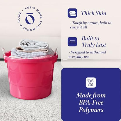 Homz 2 Pack of 17 Gallon Storage Buckets, Durable Plastic Containers, Sturdy Rope Handles, Large Tubs for Sports Equipment, Party Cooler, Gardening, Toys and Laundry, Pink - color: Pink
