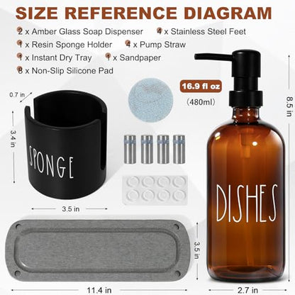 Hand and Dish Soap Dispenser Set, Kitchen Soap Dispenser Set with Sponge Holder, 16.9oz Amber Glass Dispenser, Waterproof Labels, Instant Dry Tray|Upgrade for Your Kitchen and Bathroom