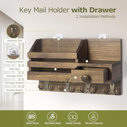Key Holder Wall Mount, Wooden Adhesive Mail and Key Organizer with Drawer, Small Shelf, 8 Hooks, 2 Installation Methods, Brown - color: Brown