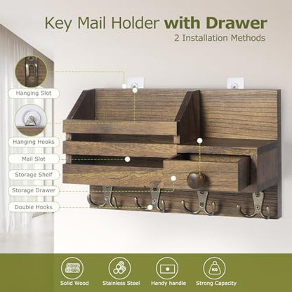 Key Holder Wall Mount, Wooden Adhesive Mail and Key Organizer with Drawer, Small Shelf, 8 Hooks, 2 Installation Methods, Brown - color: Brown