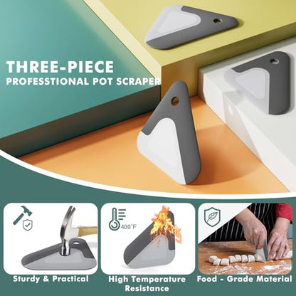 Food Scraper, 2-in-1 Pot and Pan Dish Scraper, Nylon and Silicone, Kitchen Scraper Tools for Cast Iron Skillets, Cookware, Dishes, Pans and Pots, Heat Resistant, Set of 3 - color: Gray