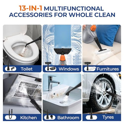 Steam Cleaner, Pressurized Handheld 13pcs Multi-Purpose Natural Deep Cleaning Steamer, Portable Steamer for Cleaning Home, Grout, Kitchen, Car, Window, Upholstery, Bathroom and Clothes, Gray