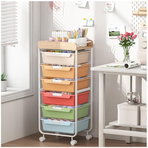 SYKIARIOL Rolling Cart with 6 Drawers,Utility Storage Cart with Drawers,Art Craft Organizers and Storage,Makeup Organizer with Wooden Tabletop,Rainbow - color: Rainbow, size: 6-Drawers