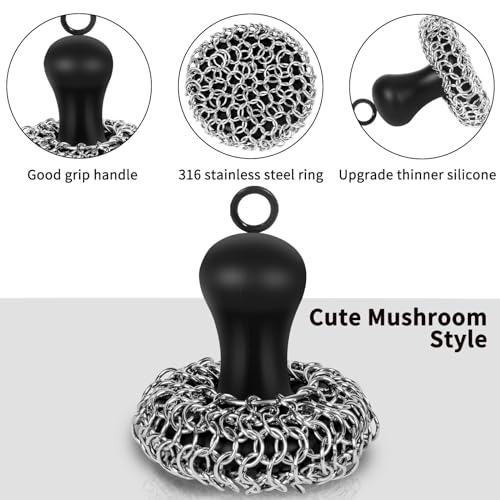 Cast Iron Cleaner Scrubber with Pan Scraper, Patented Chain Mail Scrubber Cast Iron Cleaning Kit, Metal Chainmail Scrubbing Sponge Scrub Brush to Clean Pan, Skillet, Grill, Dutch Oven, Wok - color: Black