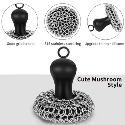 Cast Iron Cleaner Scrubber with Pan Scraper, Patented Chain Mail Scrubber Cast Iron Cleaning Kit, Metal Chainmail Scrubbing Sponge Scrub Brush to Clean Pan, Skillet, Grill, Dutch Oven, Wok - color: Black