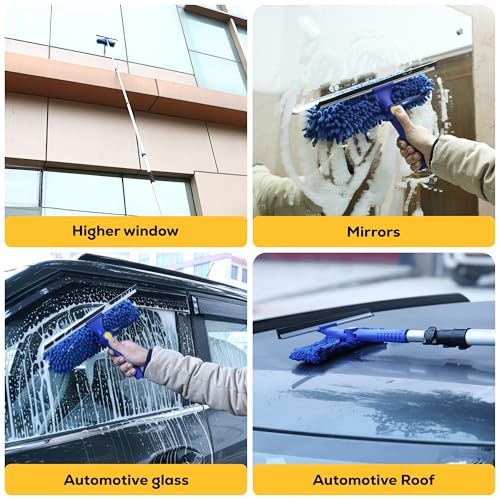 Kleen Handler 2-in-1 Window Squeegee with 4–12 ft Telescopic Extension Pole, Window Washing Kit for Home & Commercial Glass Doors, High Windows, 2 Sleeves Included