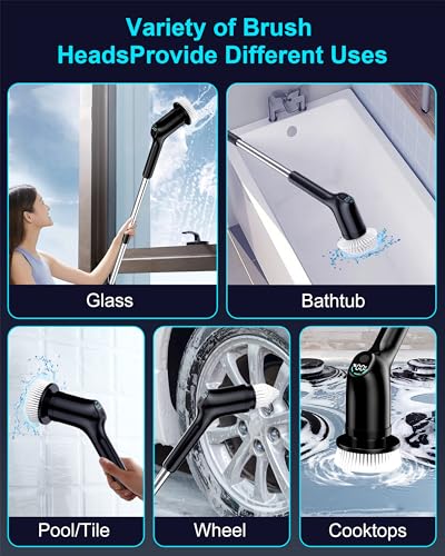 Shower Scrubber with Long Handle for Cleaning Bathroom, Electric Spin Scrubber Cleaning Brush with IPX7 Waterproof & 2Speed, 3Brush Heads, Bathroom Cleaning Supplies for Shower Tub Tile Toilet, Black - color: Black