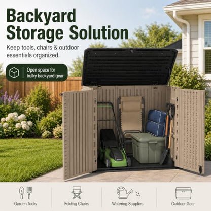 ADDOK 26 Cu.Ft Outdoor Storage Shed with Floor,Large Waterproof Resin Storage Cabinet with Lift-Up Lid,Double Doors and Lockable Design for Lawn Mower,Garden Tools, Patio,Backyard and Pool Supplies - size: 26 Cu.Ft-Brown