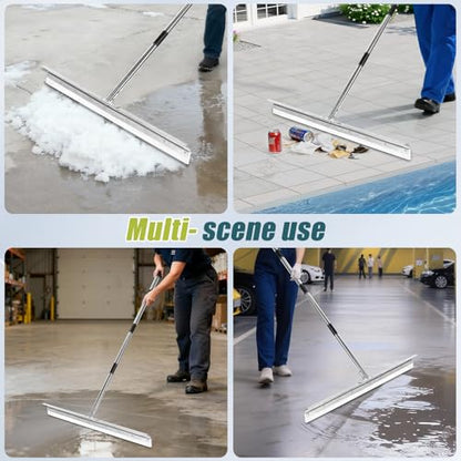 Heavy-Duty Large Floor Squeegee for Concrete, 33.4" Commercial Silicone Blade Squeegee for Floor with 63" Stainless Handle, Anti-Splash Curved Baffle for Garage, Factory, and Tough Cleaning Jobs - size: Large