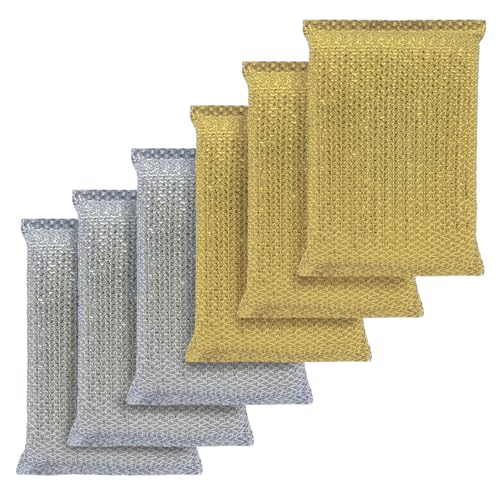 LOLA Wonder Non-Scratch Scouring Pad, 6 Pack, Large Knitted Flat Wire Cloth Fibers w/Foam Sponge Core, Assorted Colors (Gold or Silver) - size: 6 Pack