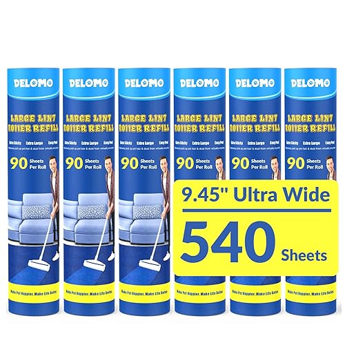 Large Lint Roller Refills: DELOMO 9.45 in Lint Roller Refill (6 Pack, 540 Sheets), Compatible Only with DELOMO Large Lint Roller, for Cleaning Floor, Carpets, Bedding, Couch, Cars, & Pet Hair - size: B: 6 Refills (540 Sheets Total)