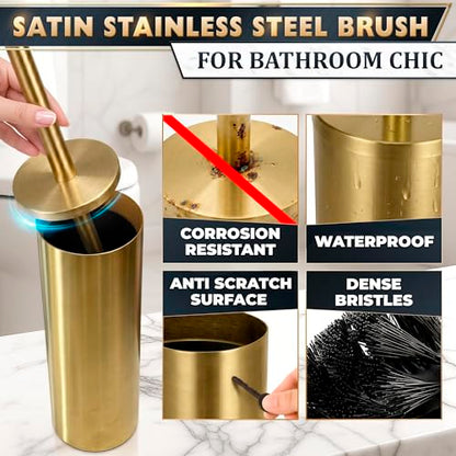 2 PCS Gold Toilet Brush and Holder Set - Brushed Stainless Steel Gold Toilet Bowl Brush and Holder with Replacable Head, Removable Inner Bowl, and Splash Protection - Dense Bristles for Cleaning - color: Gold 2 Pcs