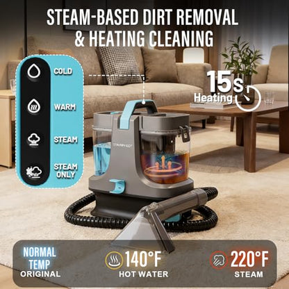 Starrybot Portable Carpet Cleaner Machine with Steam and Heating Techology,18Kpa Powerful Suction with Versatile Tools for Pets, Couch,Spot Cleaner for Stairs/Furniture/Rug(Gray)